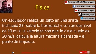 Un esquiador realiza un salto en una arista inclinada 25° sobre la horizontal y con un desnivel de 1