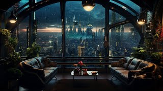 Cozy Futuristic Lounge -- Soothing rain sounds, thunder, cityscape - Relaxation, Sleep, Study, ASMR