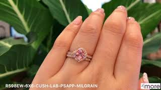 Mini Vintage Floral Peach Sapphire Bridal Set Rose Gold Milgrain Band