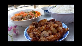 Canh đu đủ hầm xương - Thịt ram tỏi ớt - Papaya stew with pig bone -Pork fried with garlic and chili