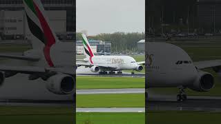 Emirates A380 CLOSEUP TAKEOFF runway 27 at EHAM #planespotting #aviation #emirates #duabi  #ytshorts