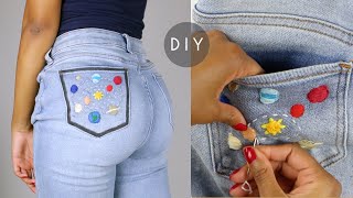 DIY Embroidered Denim Jeans Pocket - Outer Space