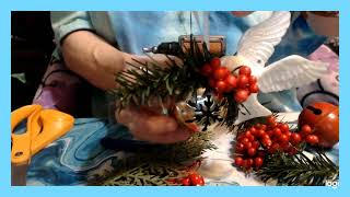 Ornament #2 Extra Large Jingle Bells With Pine And Cedar Sprigs, A Poinsettia, And A Dove