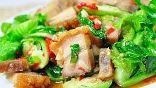 Thai Food - Fried Brussel Sprout with Crispy Pork (Pad Kanang Moo Grob)