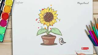 How to Draw Sunflower and Bird, Drawing Tutorial for Kids