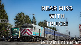 *NEAR MISS!* Amtrak with Cabbage unit 90225 near miss with a truck by inches!!!!