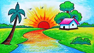 Drawing Sunrise।। How to draw a scenery of sunrise।। সুর্যোদয়ের দৃশ্য আঁকা।।