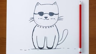 Funny sunglasses wearing cat drawing easy