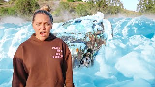 DESTROYING HER CAR WITH GIANT FOAM EXPERIMENT!!