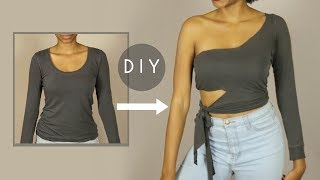 DIY One Shoulder Tie Waist Crop Top (NO SEWING)