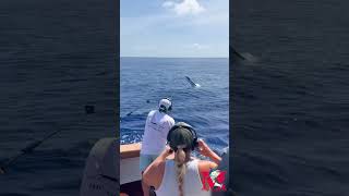 Mark Benjamin fighting with a White Marlin at Custom VS Production Shootout Tournament