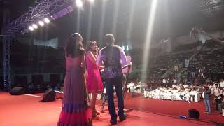 Emcees Thamizh and Nandhini welcoming MC Shwetha Shekar at Nehru Stadium