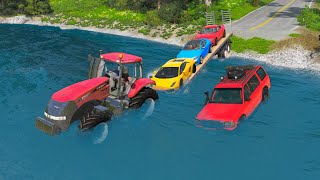 Flatbed Trailer Tractor Car Rescue Cars Vs Deep Water - BeamNG.Drive