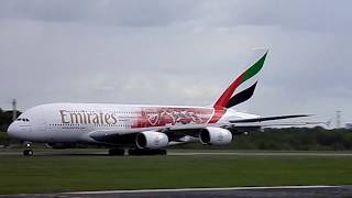 Emirates A380 "Arsenal F.C." livery landing & takeoff at Manchester Airport