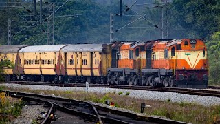 Twin Ernakulam WDM3A ALCOs depart with 16335 Gandhidham Nagercoil Express