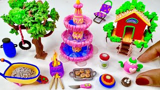 DIY How to make polymer clay miniature house, kitchen set, fountain, tree, trolley, chair | Village