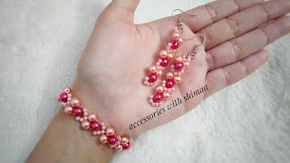 how to make easy pearl beads bracelet with earrings|طريقه عمل اسورة وحلق بالخرز