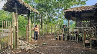 Build and complete the entire fence and bamboo gate with thatched roof