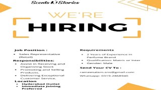 Scents & Stories Urgent Hiring Sales Representative (Retail) For Hydrabad Outlet