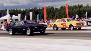 '64 Plymouth Valiant V100 vs '68 Pontiac Firebird 1/4 mile drag race