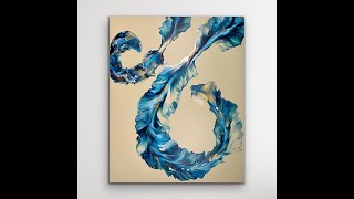 Blue and Gold Fish Hook Inspired Abstract Fluid Acrylic Pour Painting/ Dutch Pour on Large Canvas