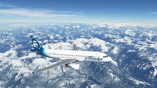 Airbus A320, Alaska Airlines, cruising over Cascade Mountains, Washington State, USA. MSFS 2020.