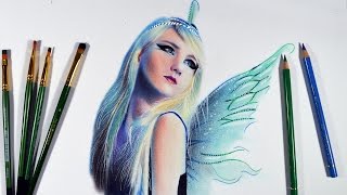 How to draw a Winged Fairy -- Oil colours dry brushing + colored pencils.