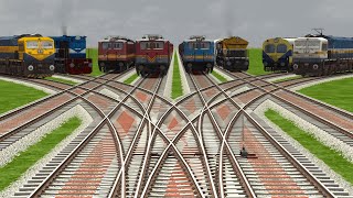 8 INDIAN TRAINS CROSSING ON BRANCHED FORKED RAILROAD TRACKS | Train Simulator | Railroad Crossing