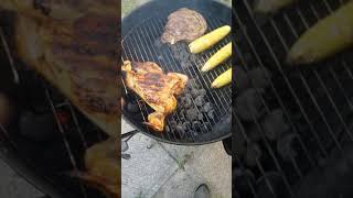 Sunday Funday half through the Cook! BBQing on the Weber 22" Charcoal grill. Corn Chicken and Steak!