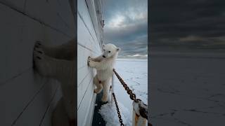 A hungry polar bear cub asks for food from a sailor on a boat. #animals #oceanmysteries