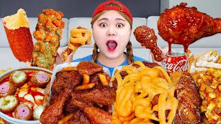 ASMR MUKBANG 체다치즈 양념 치킨 먹방! 명랑핫도그 떡볶이 SPICY CHEESE CRISPY FRIED CHICKEN EATING SOUND | HIU 하이유