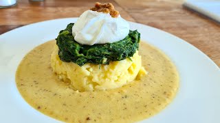 Poached mustard egg with truffled spinach and creamy potato mash