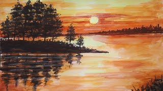 sunset painting/sunset painting for beginners/sunset on the lake watercolor