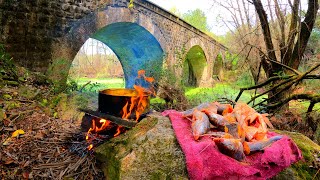 PESCA en Puente Viejo El Palmar y Cocina de BAGRES FRITOS en lata de Batata