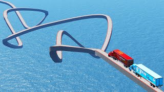 impossible Weird Wave Bridge Cars Vs Mack Truck Vs King Dinoco Truck Vs Deep Water - BeamNG.Drive