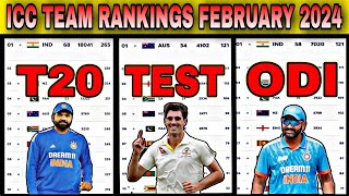 ICC Test, ODI and T20 Team Ranking February 2024 | Top 10 Teams | icc latest ranking