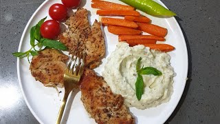 CHIKEN RECIPE 🐔شرحات_دجاج  مع سوتيه خضار، ، والبطاطا بوريه🥔🍽🫕