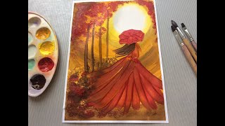 Рисуем осенний пейзаж гуашью: девушка в красном. Для детей от 7 лет| Drawing an autumn landscape