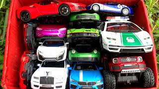 Box Full of Model Cars /Lamborghini Police, Ferrari, Tesla, BMW M4, Rolls-Royce Cullinan, Bugatti