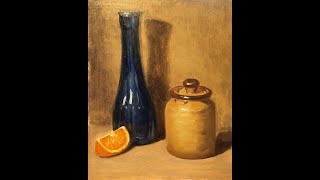 Painting Still Life of a Blue Bottle and Orange Slice