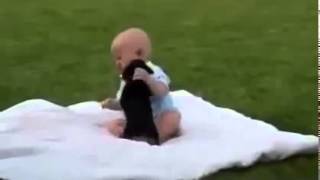 funny baby with a small dog