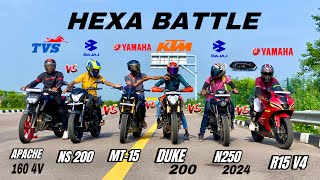 pulsar n250 vs  Duke 200 vs Yamaha mt-15 vs Yzf R15 vs pulsar ns 200 vs apache 160 4v | hexa battle😱