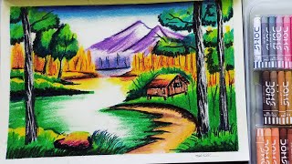 easy Oil Pastel landscape painting for beginners || Mountain Scenery || @DOMSIndiaofficial