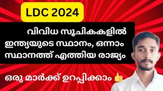 വിവിധ സൂചികകളിലെ ഇന്ത്യയുടെ സ്ഥാനം | Current Affairs |#keralapsc #ldc2024 #currentaffairs #kpsc #psc