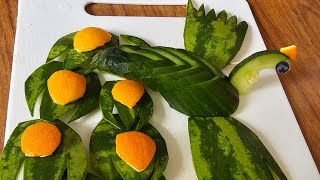 Carving watermelon skin and orange 🍊 peel