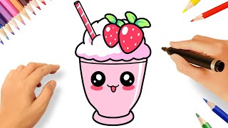 COMO DESENHAR UM MILKSHAKE DE MORANGO KAWAII 🍓😊