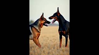 German Shepherd and Doberman Looking at Each Other Hostilely in the Field #germanshepherd #dog