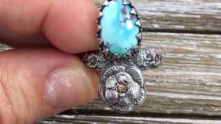 Lavender Turquoise and Diamond Forget Me Not Handmade Flower Silver Ring