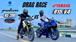 bajaj pulsar ns 200 2024 vs Yamaha R15 v4 | drag race | shocking results 😱