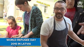 Latvian celebrity chef Karlis Celms cooks with refugees at World Refugee Day 2015